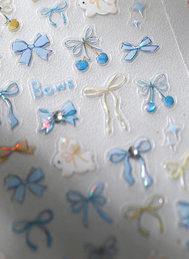 Maigitur 5D Embossed Bow Nail Stickers Blue Bow Nail Art Stickers Self-Adhesive Rabbit Nail Decals Ribbon Nail Sticker with Rhinestone Design Spring Summer Nails Supplies for Women Girls DIY Manicure - Image 2